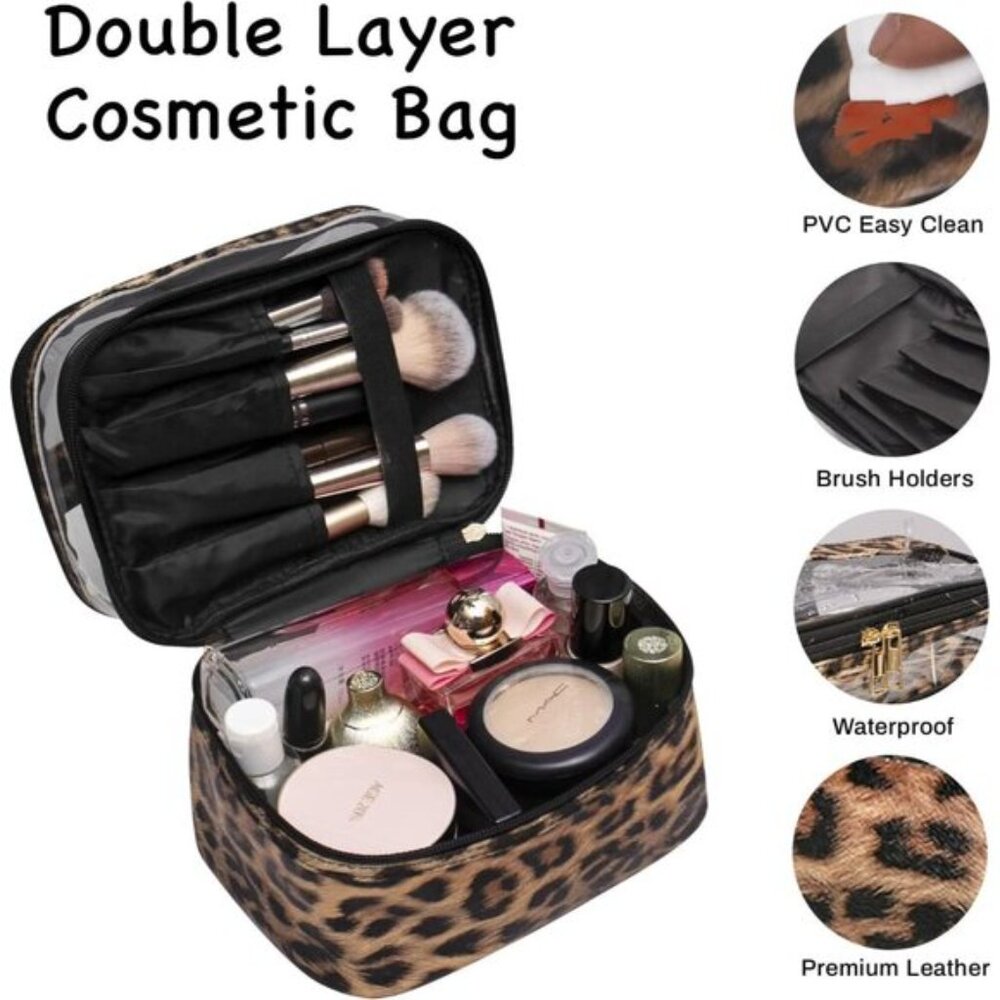 New Portable Double-layer Travel Cosmetic Makeup Bag for Women - Leopard - Picture 5 of 9